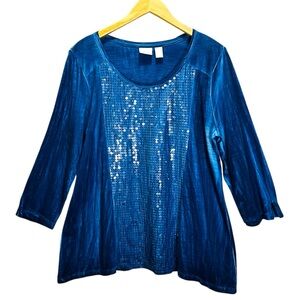 Chico's Tops Women’s Size 2 Shimmering Blue Tie Dye Sequin Blouse Cotton Blend